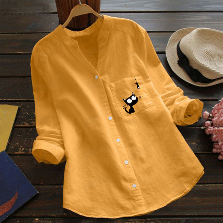 Damen Bluse mit niedlichem Katzenmotiv Drune