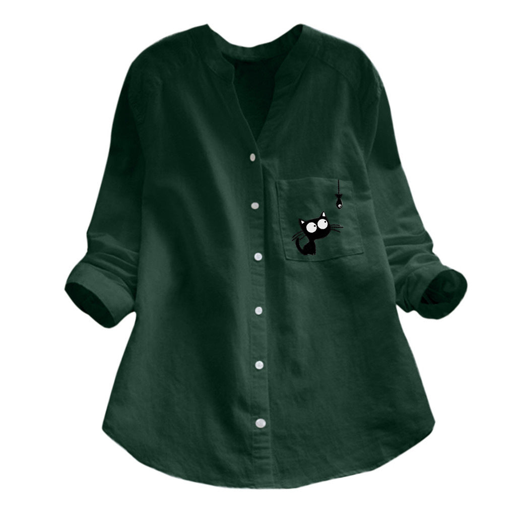 Damen Bluse mit niedlichem Katzenmotiv Drune