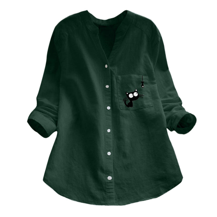 Damen Hemdbluse mit verspieltem Katzenmotiv Drune