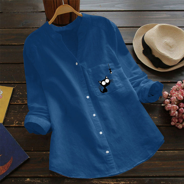 Damen Bluse mit niedlichem Katzenmotiv Drune