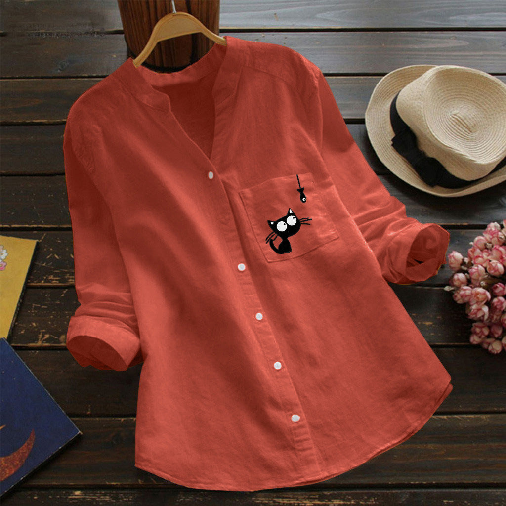 Damen Bluse mit niedlichem Katzenmotiv Drune
