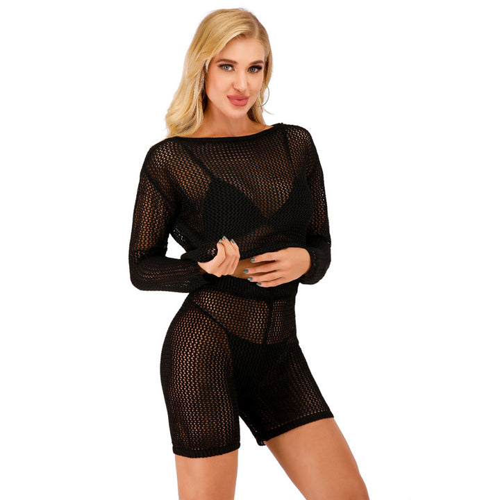Damen trendiges Netzoberteil und kurze Hose Set Drune