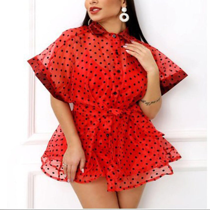 Damen Polka-Dots Chiffon-Kleid mit voluminösen Ärmeln und elastischer Taille Drune