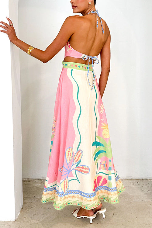 Drune | Halter Schnürung Rückenfreies Rio Print Maxi Kleid