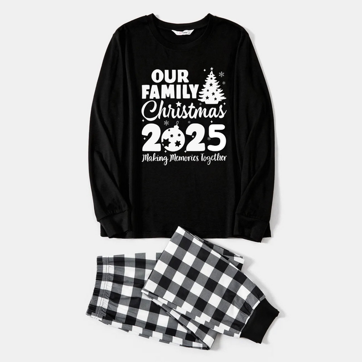 Drune | Weihnachtsbaum & "2025 Gemeinsam Erinnerungen schaffen" Gemusterte Schwarz-Weiß Karierte Pyjama-Set