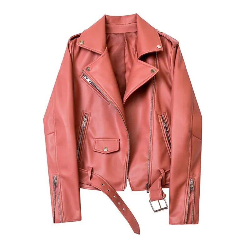 Drune | Damen-Biker-Lederjacke mit Reißverschlüssen und Gürtel
