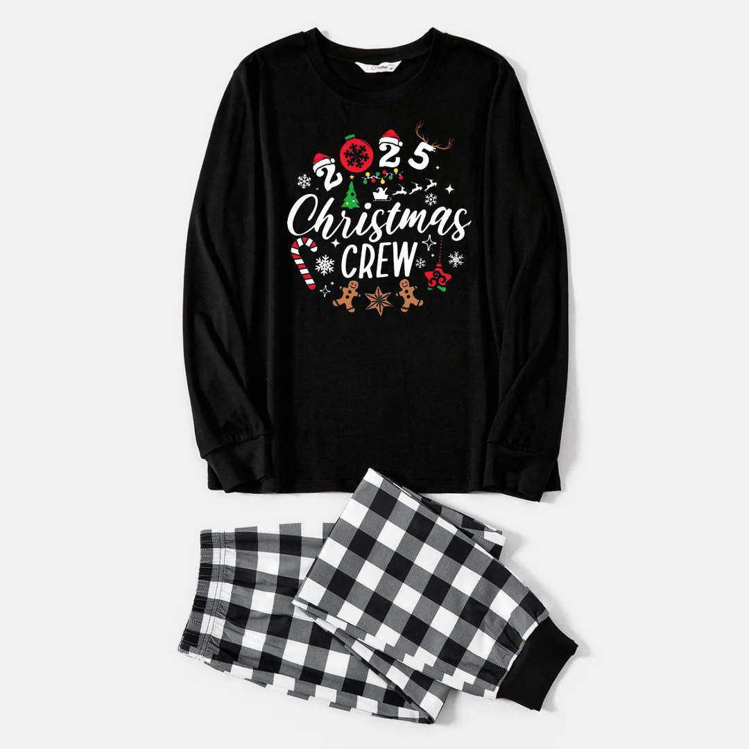 Drune | 2025 Weihnachts Crew Gemeinsam Erinnerungen Schaffen Textdruck Schwarzes Langarmshirt mit Schwarz-weissem Karohosen Familienpassende Pyjamas