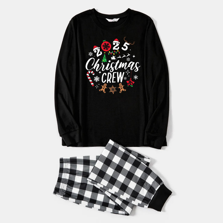 Drune | 2025 Weihnachts Crew Gemeinsam Erinnerungen Schaffen Textdruck Schwarzes Langarmshirt mit Schwarz-weissem Karohosen Familienpassende Pyjamas