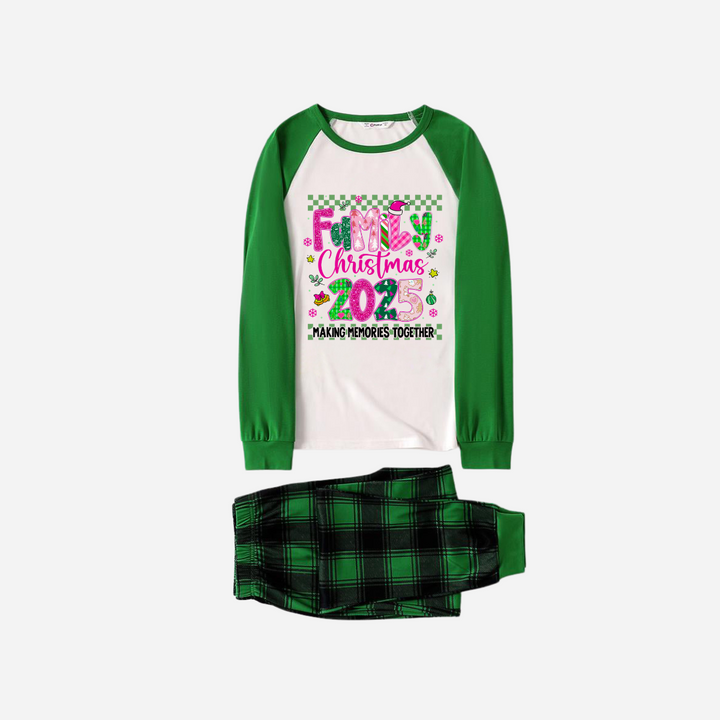 Drune | "Familienweihnachten 2025" Faux Glitter Grün Raglanärmel und Grüner Karierter Weihnachts-Pyjama-Set