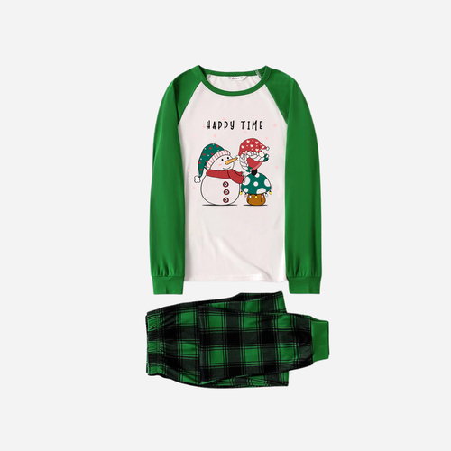 Drune | Grünes Raglan-Oberteil Grüner karierter Weihnachts-Pyjama-Set mit Schneemann und Gnom und 