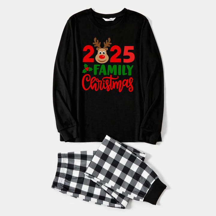 Drune | "2025 Familie Weihnachten" Elch Brief Druck Schwarz Langarmtop mit Schwarz- und Weißkarierten Hosen Familie Passende Pyjamas