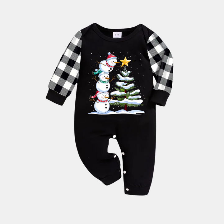 Drune | Schwarz-weiß kariertes Weihnachts-Pyjama-Set mit Schneemann- und Weihnachtsbaumdruck