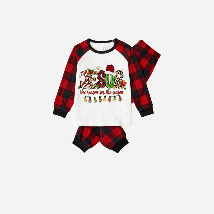 Drune | Jesus der Grund für die Saison Familie Weihnachts-Pyjama-Set - Weißes Oberteil mit roten karierten Ärmeln und Hose