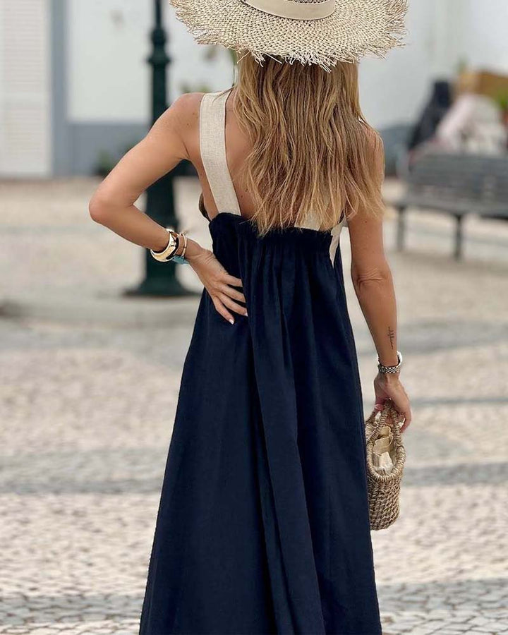 Drune | Kreuzförmig Rückenfreies Elegantes Kleid mit Kontrastfarbe