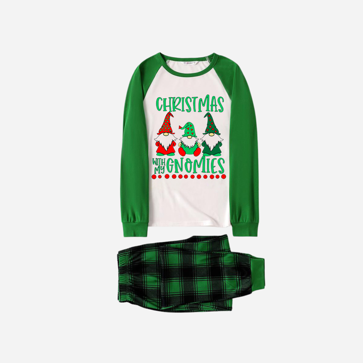 Drune | Grünes Raglan-Oberteil Grüner Karierter Weihnachts-Pyjama-Set Mit "Weihnachten Mit Meinen Gnomies" Textdruck
