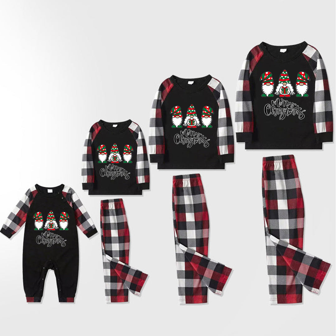 Drune | Frohe Weihnachten Süßer Gnome Druck Lässige Langarm Sweatshirts Kontrast Tops und Rot & Schwarz & Weiß Karierte Hose Familienpassende Pyjama Set mit Hund Bandana