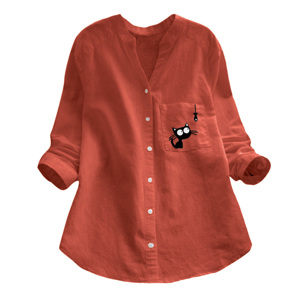 Damen Bluse mit niedlichem Katzenmotiv Drune