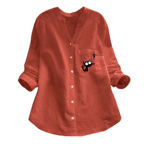 Damen Bluse mit niedlichem Katzenmotiv Drune