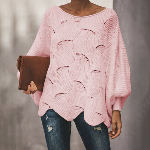 Damen Luftiger Strickpullover mit Wellenmuster und weiten Ärmeln Drune
