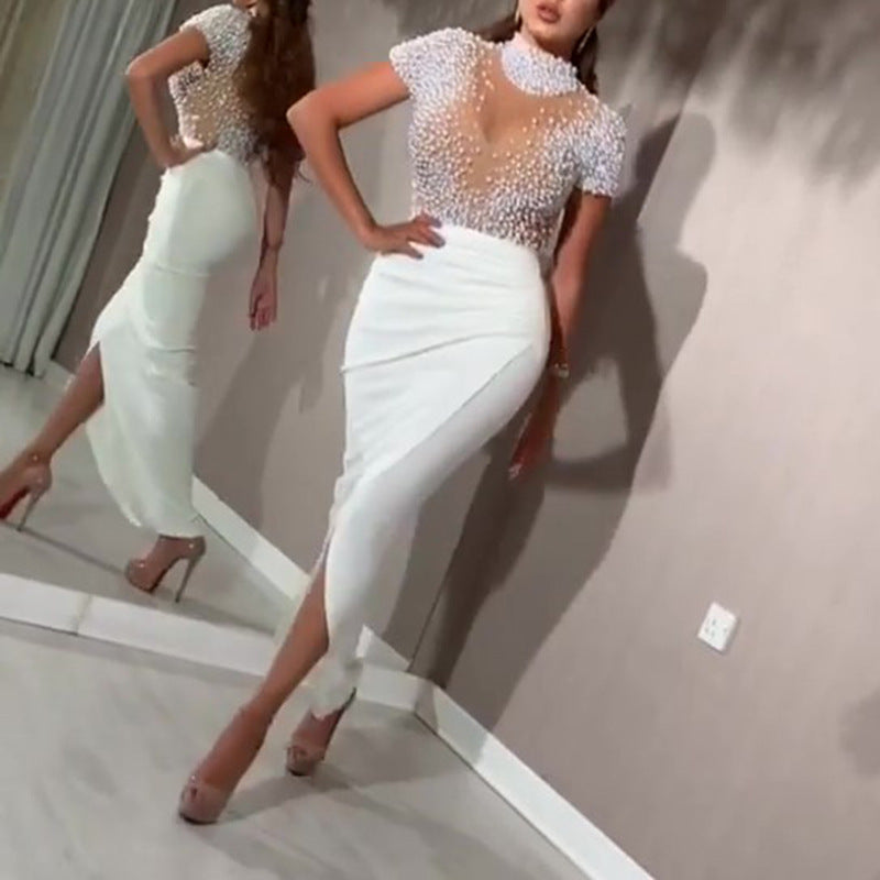 Damen elegantes Maxikleid mit transparentem Oberteil und schimmernden Perlen Drune