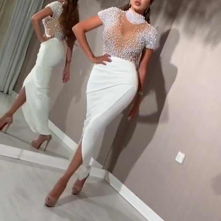 Damen elegantes Maxikleid mit transparentem Oberteil und schimmernden Perlen Drune