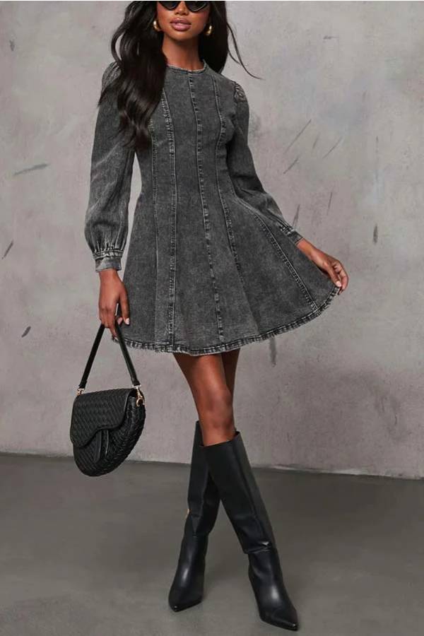 Drune | Fade Into You Denim Prinzessinnenlinie Rückenreißverschluss Flare Stretch Mini Kleid