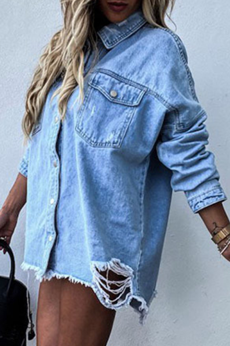 Drune | Zerrissene Alte Umgeschlagene Kragen Lange Ärmel Denim Jacke