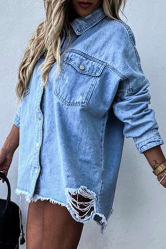 Drune | Zerrissene Alte Umgeschlagene Kragen Lange Ärmel Denim Jacke