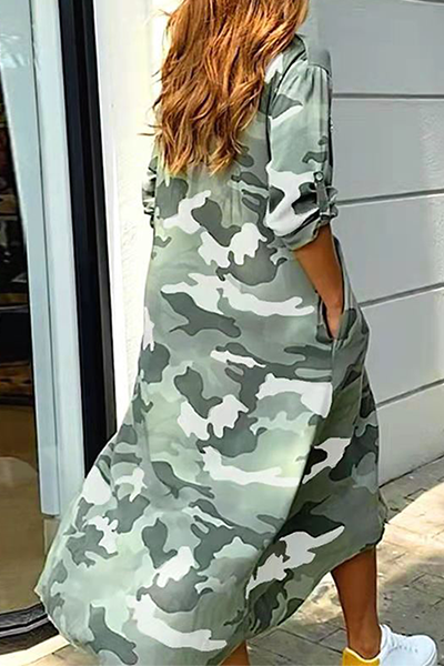 Drune | Lässiges Print-Camouflage-Print-Pailletten-Schnallen-Umschlagkragen-Hemdkleid Kleider