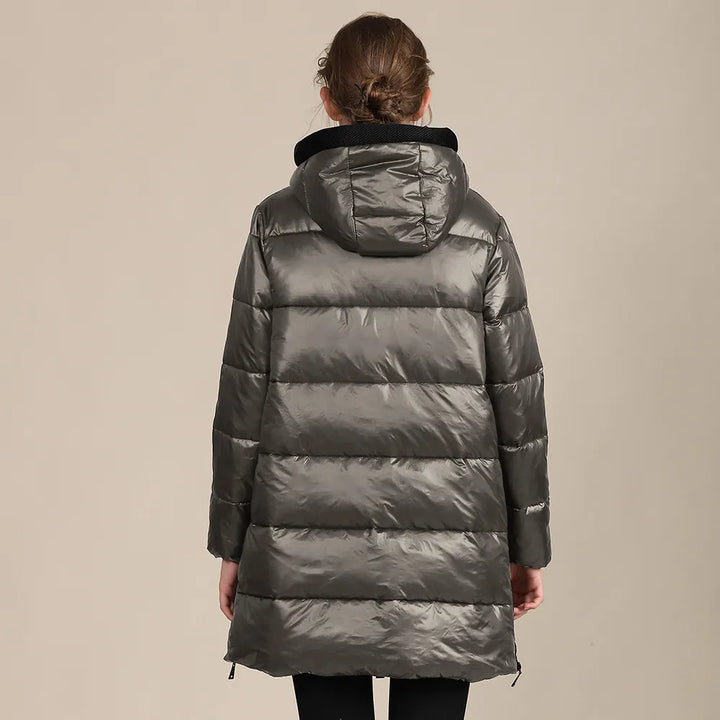 Drune | glänzende, gestepptes Nylon-Winterdoudoune mit Kapuze für Damen