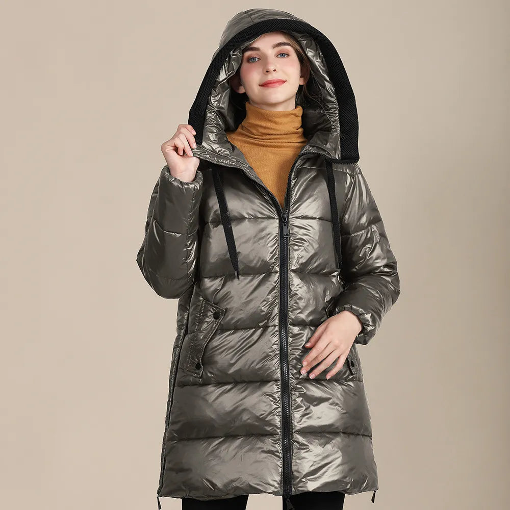 Drune | glänzende, gestepptes Nylon-Winterdoudoune mit Kapuze für Damen