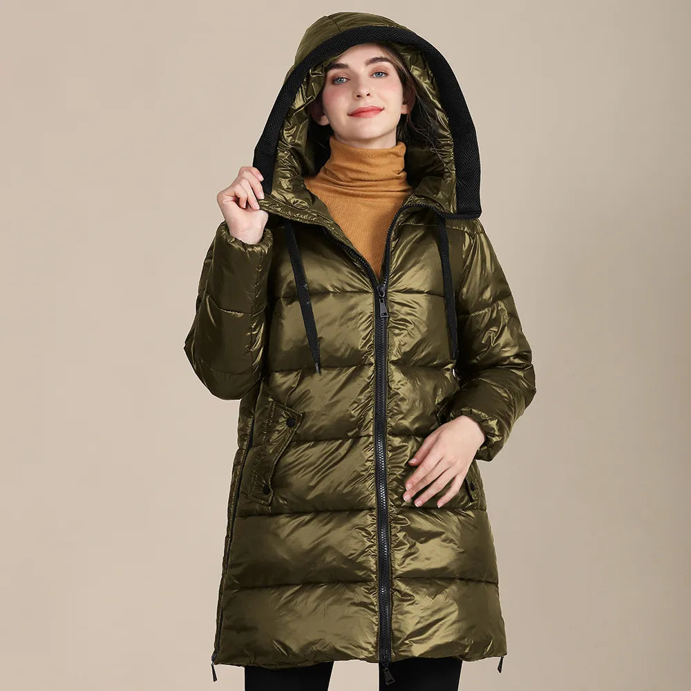 Drune | glänzende, gestepptes Nylon-Winterdoudoune mit Kapuze für Damen