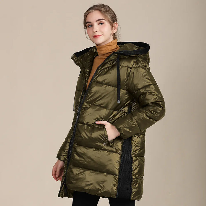 Drune | glänzende, gestepptes Nylon-Winterdoudoune mit Kapuze für Damen