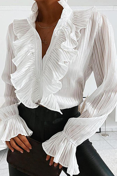 Drune | Elegante Unifarbene Schnalle Rüschenshirts mit Mandarin-Kragen - 4 Farben