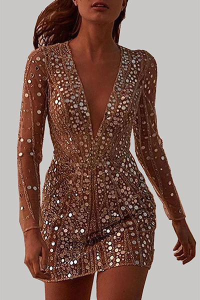 Drune | Elegant Patchwork Pailletten Transparent Mesh V-Ausschnitt Bleistiftrock Kleider