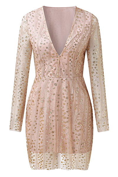Drune | Elegant Patchwork Pailletten Transparent Mesh V-Ausschnitt Bleistiftrock Kleider