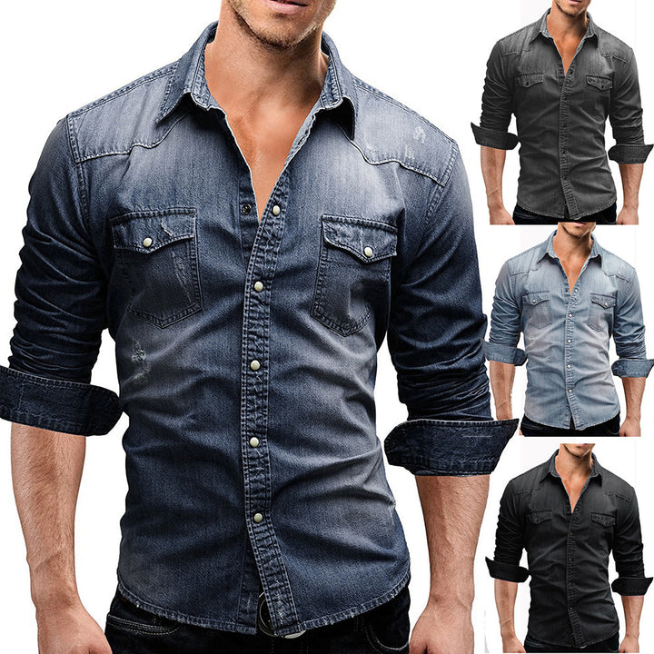 Herren nan locker geschnittenes Jeansstoff-Overshirt mit Pattentaschen und abgerundetem Saum Drune
