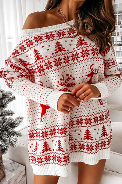 Drune | Lässige Wapiti Schneeflocken Weihnachtsbaum Gedruckte Patchwork Kontrast O-Ausschnitt Kleider Pullover