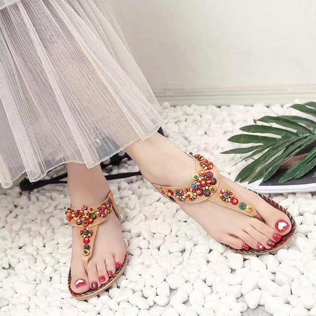Damen Sandalen mit bunten Zierperlen und rutschfester Sohle Drune