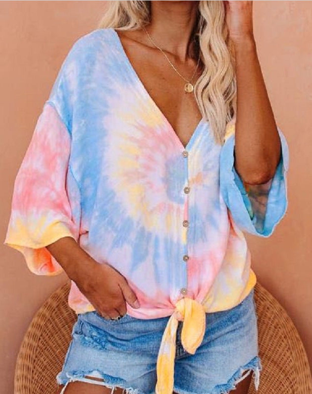 Damen lässige Bluse mit kreativen Bindeband und modischem Batikdesign Drune