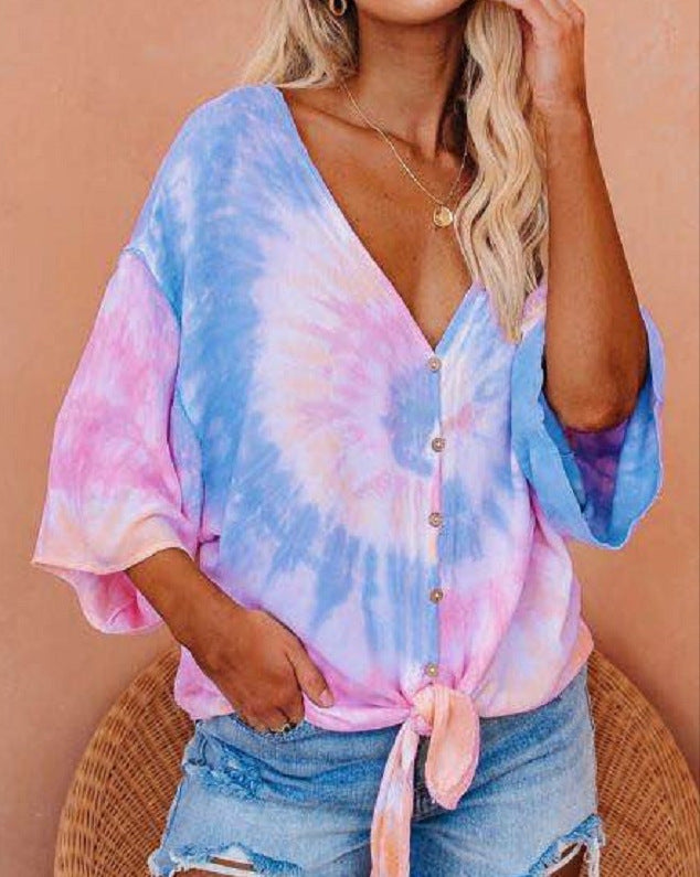 Damen lässige Bluse mit kreativen Bindeband und modischem Batikdesign Drune