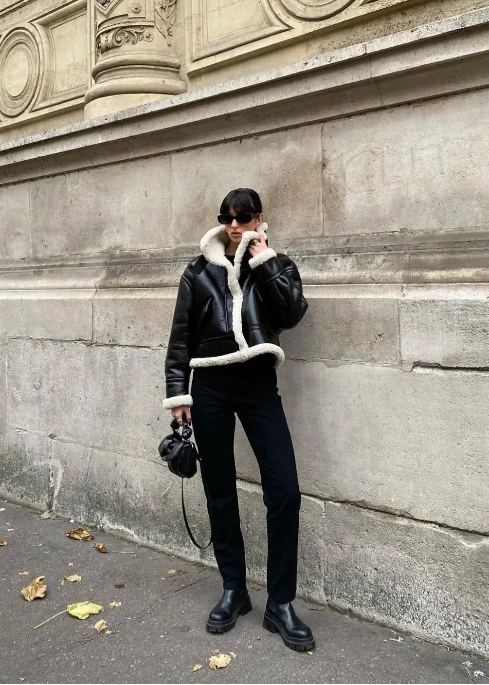 Drune | Schwarze Kunstfelljacke - Europäischer Stil