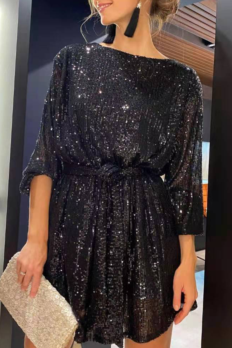 Drune | Sexy Solid Pailletten Schulterfrei Taille Röcke Kleider