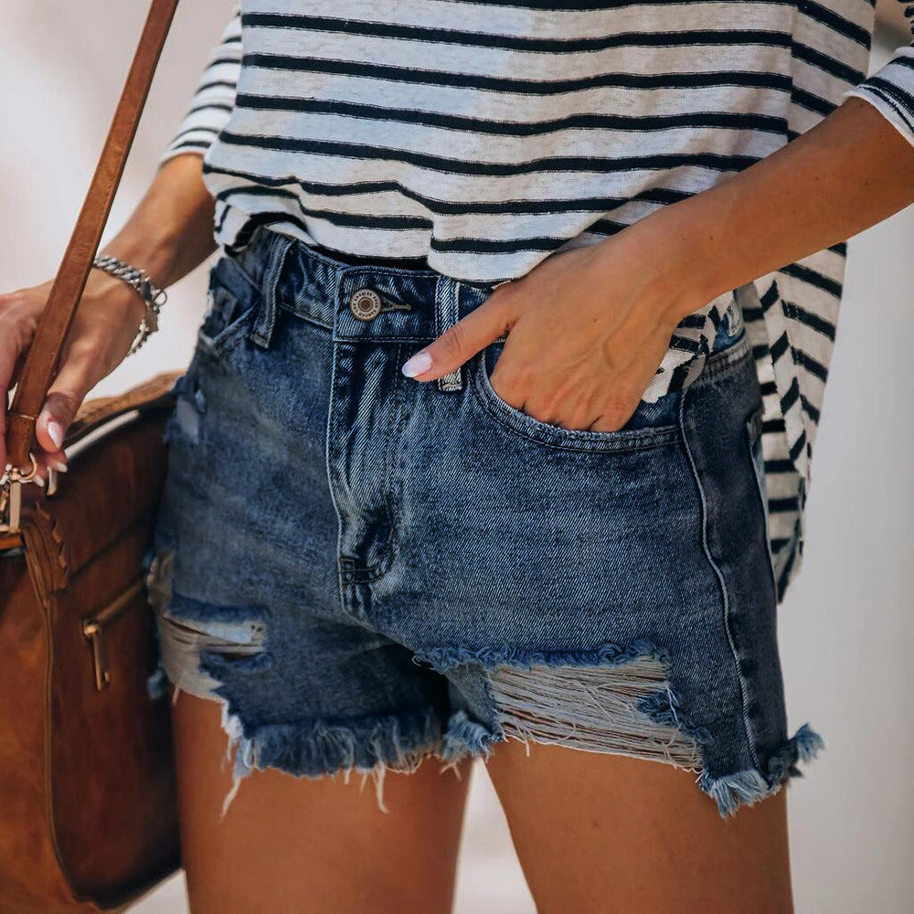 Damen Jeansshorts im lässigen Vintage-Stil mit fransigem Saum und modischen Rissdetails Drune