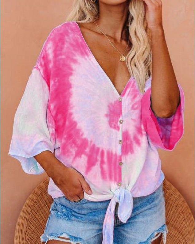 Damen lässige Bluse mit kreativen Bindeband und modischem Batikdesign Drune