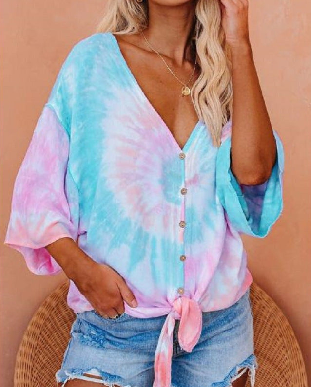 Damen lässige Bluse mit kreativen Bindeband und modischem Batikdesign Drune