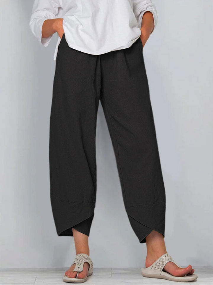 Damen nan weit geschnittene Leinenhose mit Tulpen-Saum und elastischem Bund Drune