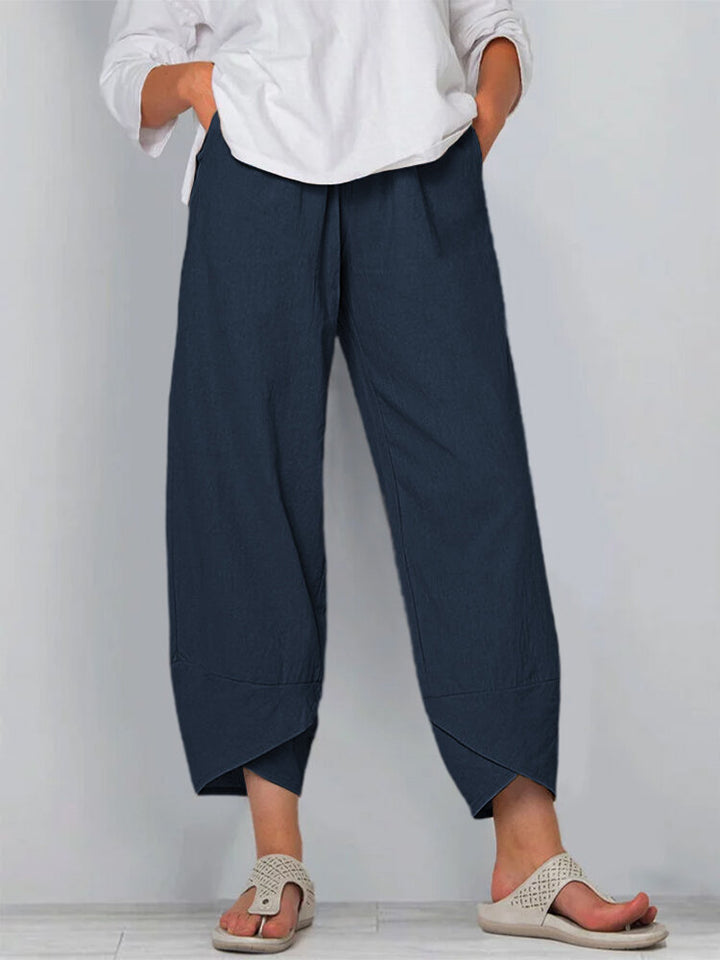 Damen nan weit geschnittene Leinenhose mit Tulpen-Saum und elastischem Bund Drune