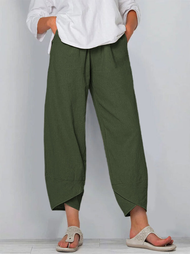 Damen nan weit geschnittene Leinenhose mit Tulpen-Saum und elastischem Bund Drune