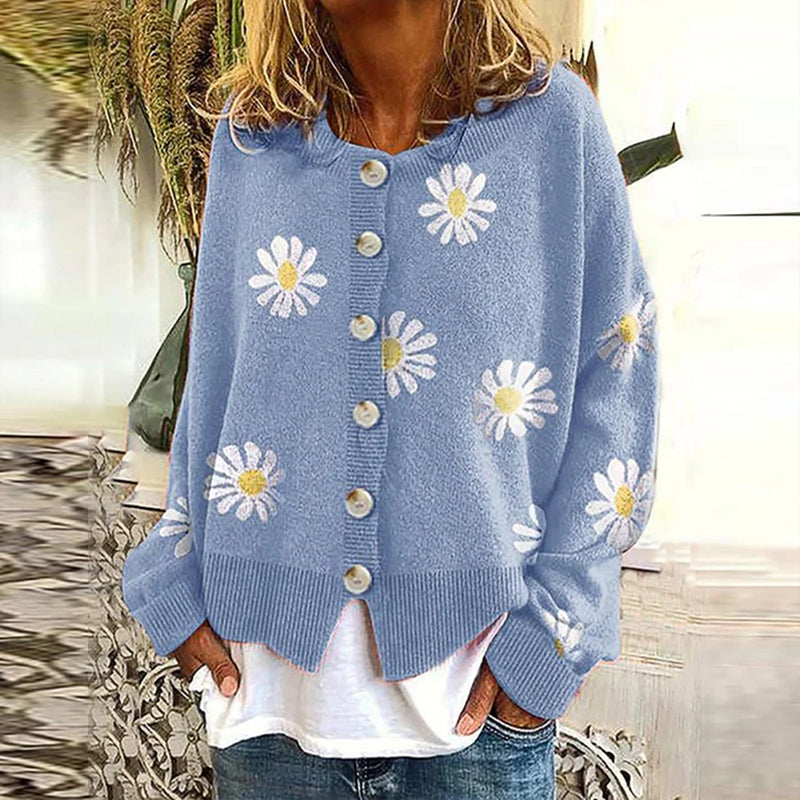 Drune | Strickjacke - Damen Herbst Blumen Knopf-Überzieh Strickjacke